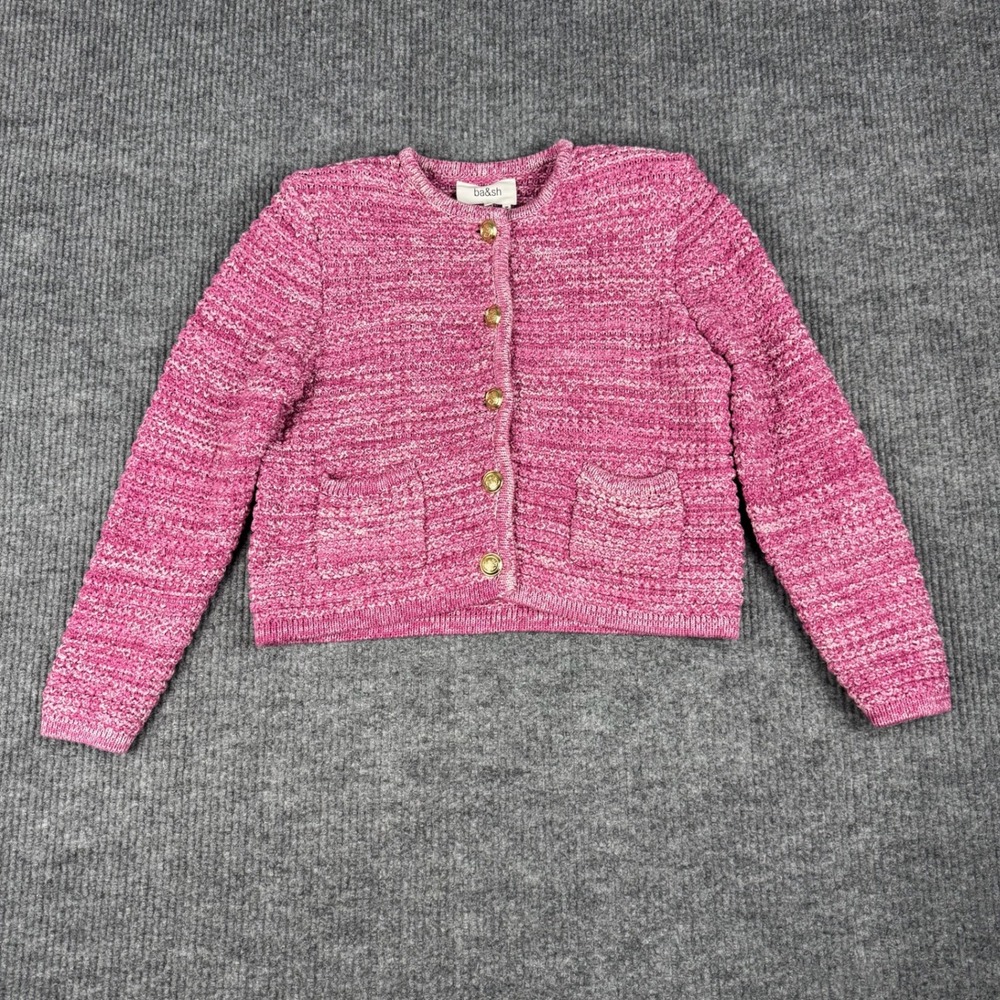 ba&sh Lady Cardigan Womens L Rose Pink Chunky Knit Gold Buttons Old Money Preppy
